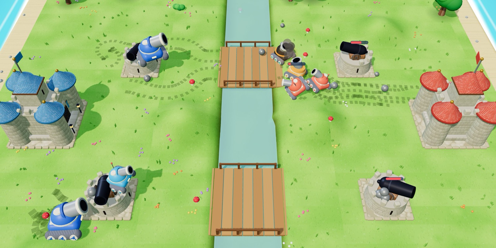 Blue and red tanks fighting over a river between two castles